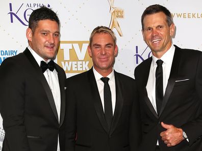 From left to right: Brendan Fevola, Shane Warne and Paul Harragon arrive at the Logie Awards at Melbourner's Crown Palladium in 2016.
