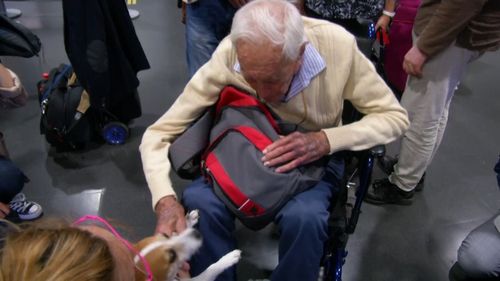 Petting a dog in a warm welcoming crew at Basel's airport, David Goodall answered reporters' questions.
