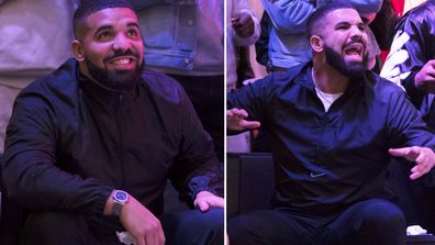 Drake watches a screen alongside other Toronto Raptors fans as they gather to watch Game Six of the NBA Finals.