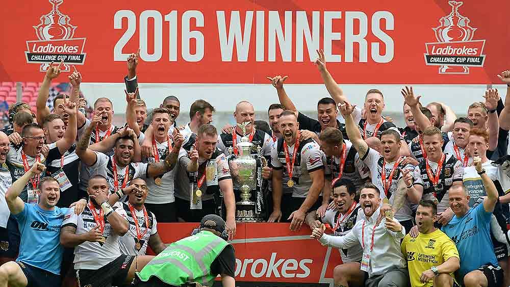 Hull FC players celebrate winning the Challenge Cup