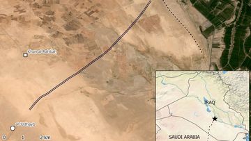 A map shows the newly discovered location of al-&#x27;Udhayb and al-Qadisiyyah in southwestern Iraq — as well as the wall/canal linking the two sites — and the likely location of the Battle of al-Qadisiyyah.