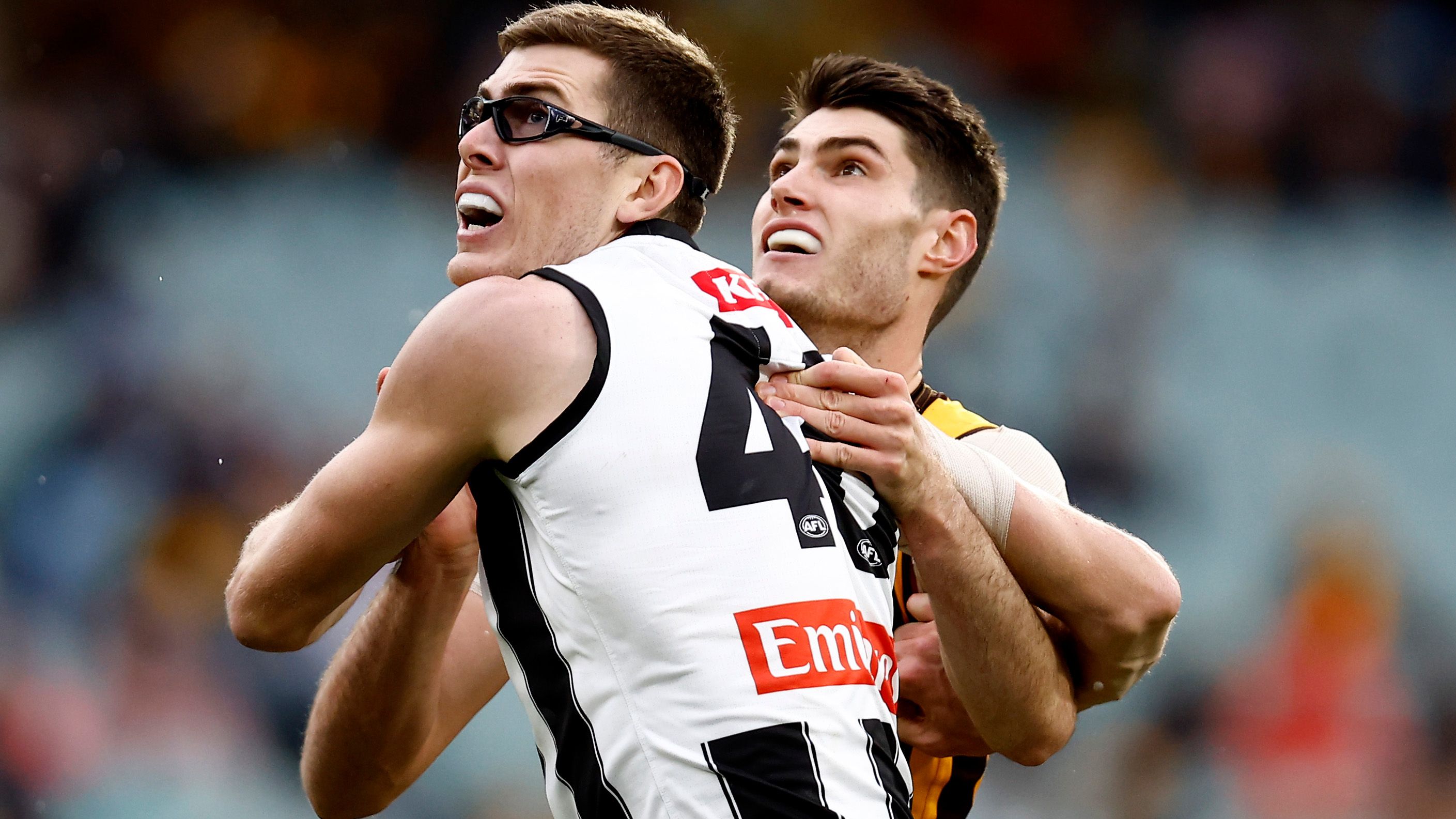 Mason Cox and Ned Reeves of the Hawks round 12 at the MCG last weekend. Photo: Darrian Traynor/Getty Images