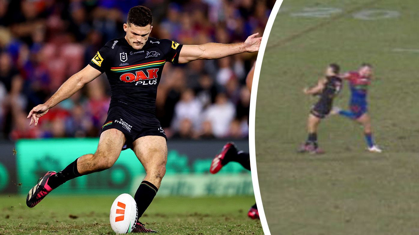 Nathan Cleary winning drop goal. Inset: Cleary being hit high by Lachlan Fitzgibbon after kicking the equalising field goal.