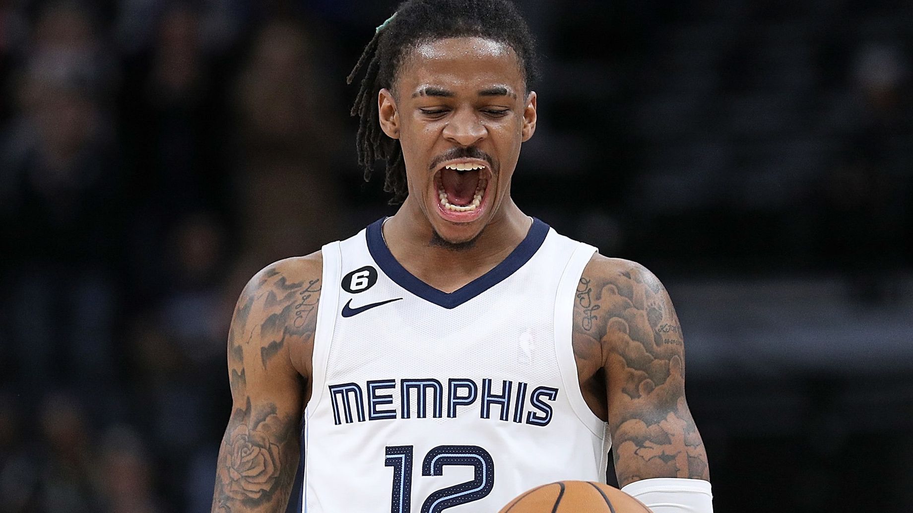 MEMPHIS, TENNESSEE - JANUARY 29: Ja Morant #12 of the Memphis Grizzlies reacts during the game against the Indiana Pacers at FedExForum on January 29, 2023 in Memphis, Tennessee. NOTE TO USER: User expressly acknowledges and agrees that, by downloading and or using this photograph, User is consenting to the terms and conditions of the Getty Images License Agreement. (Photo by Justin Ford/Getty Images)