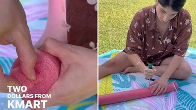Kayla shows how to make a sprinkler out of a $2 pool noodle from Kmart.