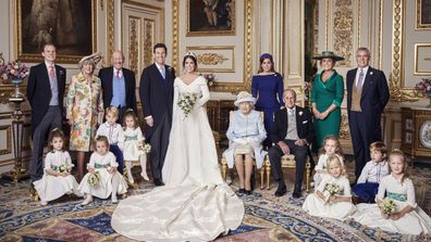 Britain's Princess Eugenie of York and Jack Brooksbank are photographed in the White Drawing Room, following their Wedding, at St George's Chapel, Windsor Castle on Friday, Oct. 12, 2018