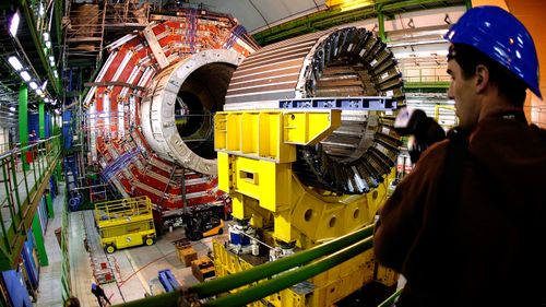 The magnet core of the world's largest superconducting solenoid magnet at the European Organisation for Nuclear Research (CERN)'s Large Hadron Collider particule accelerator in Geneva, Switzerland.