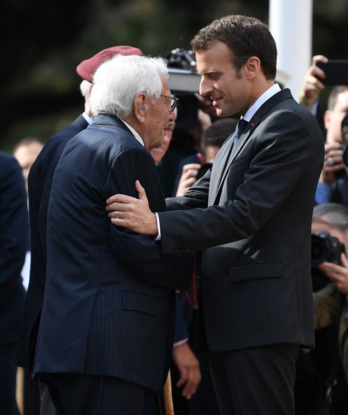 The French President presented the Legion d'Honneur to three Aussie veterans, including Louis Solomons. Picture: AAP
