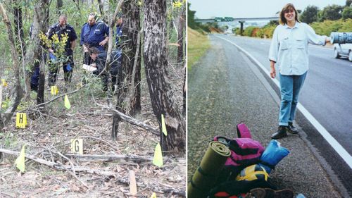 File photo of British traveller Caroline Clarke (right), one of the victims of backpacker murderer Ivan Milat, and detectives scouring the Belanglo State Forest in the Southern Highlands of NSW in 2010. (AAP) 