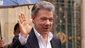 Colombian President Juan Manuel Santos after voting for the referendum on the peace agreement between the government and the FARC guerrilla group, in Bogota, Colombia. (AAP)