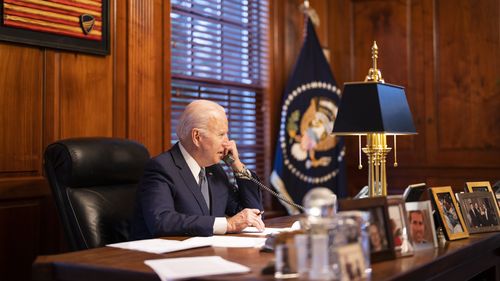 President Joe Biden holds a phone call with Russian President Vladimir Putin. 