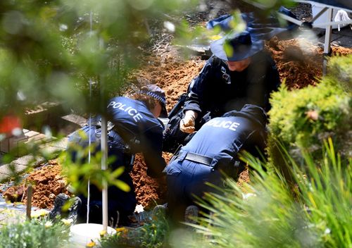 NSW Police and Forensic Services personnel sift through dirt as they search the former home of missing woman Lynette Dawson, at Bayview on Sydney's northern beaches. 