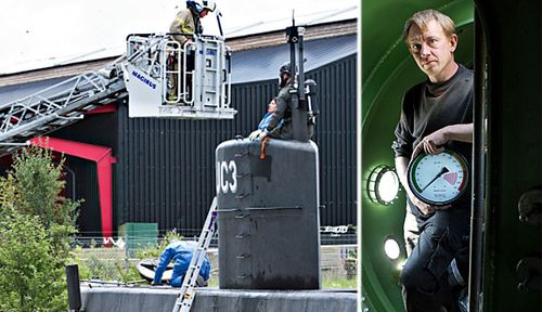 Danish submarine inventor and murder suspect Peter Madsen and his UC3 Nautilus vessel being inspected by Danish police technicians. (Photos: AP/EPA).