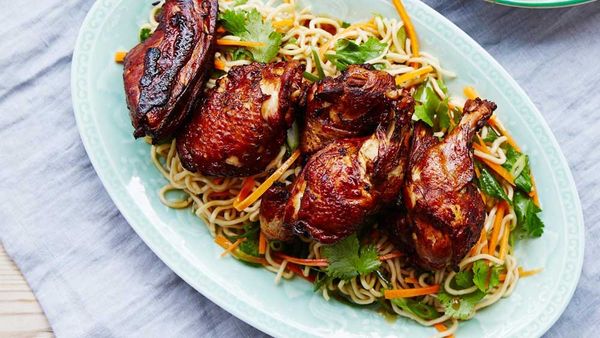 Crispy skinned chicken with long life noodles