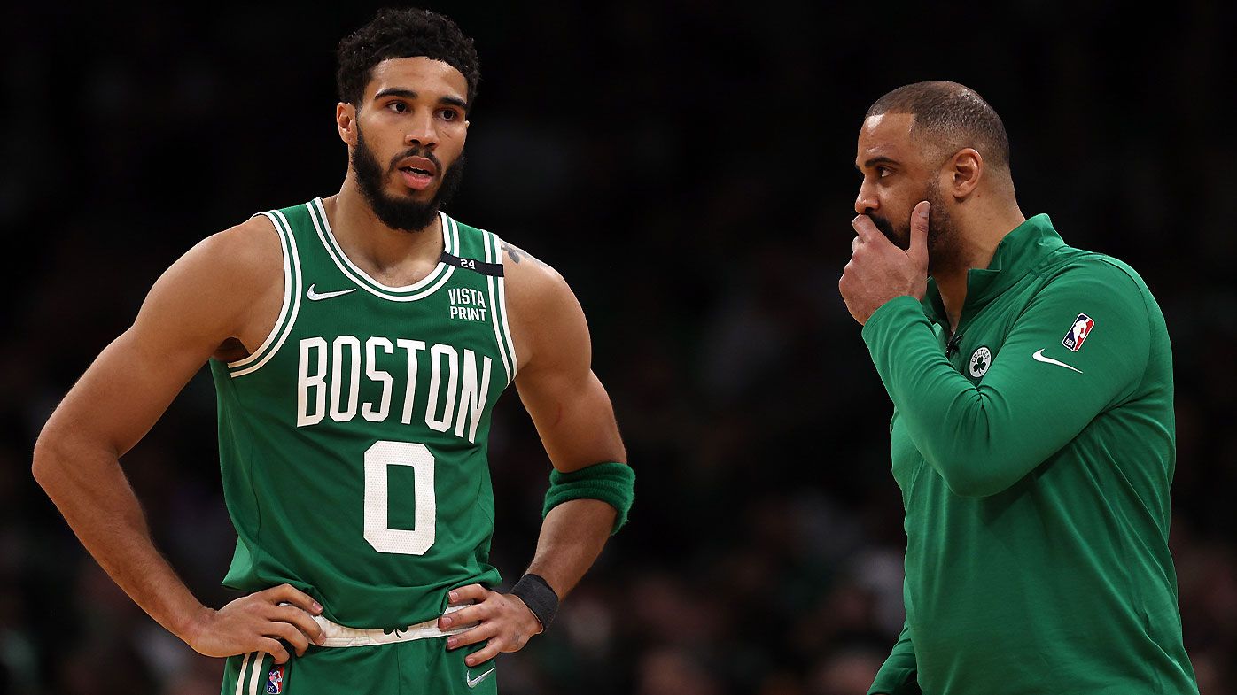 Boston Celtics coach Ime Udoka gives directions to Jayson Tatum