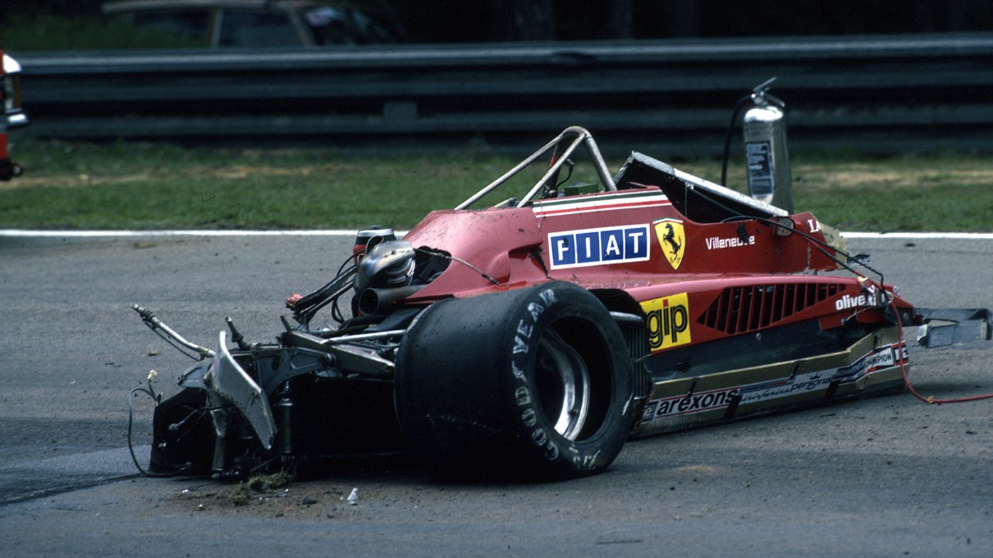 The remains of Gilles Villeneuve&#x27;s Ferrari after his fatal accident at Zolder in 1982.