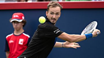 Daniil Medvedev competes during the men&#x27;s singles second round match between Daniil Medvedev of Russia and Nick Kyrgios of Australia at the 2022 National Bank Open tennis tournament at the IGA Stadium in Montreal, Canada, on Aug. 10, 2022. (Photo by Andrew Soong/Xinhua via Getty Images)