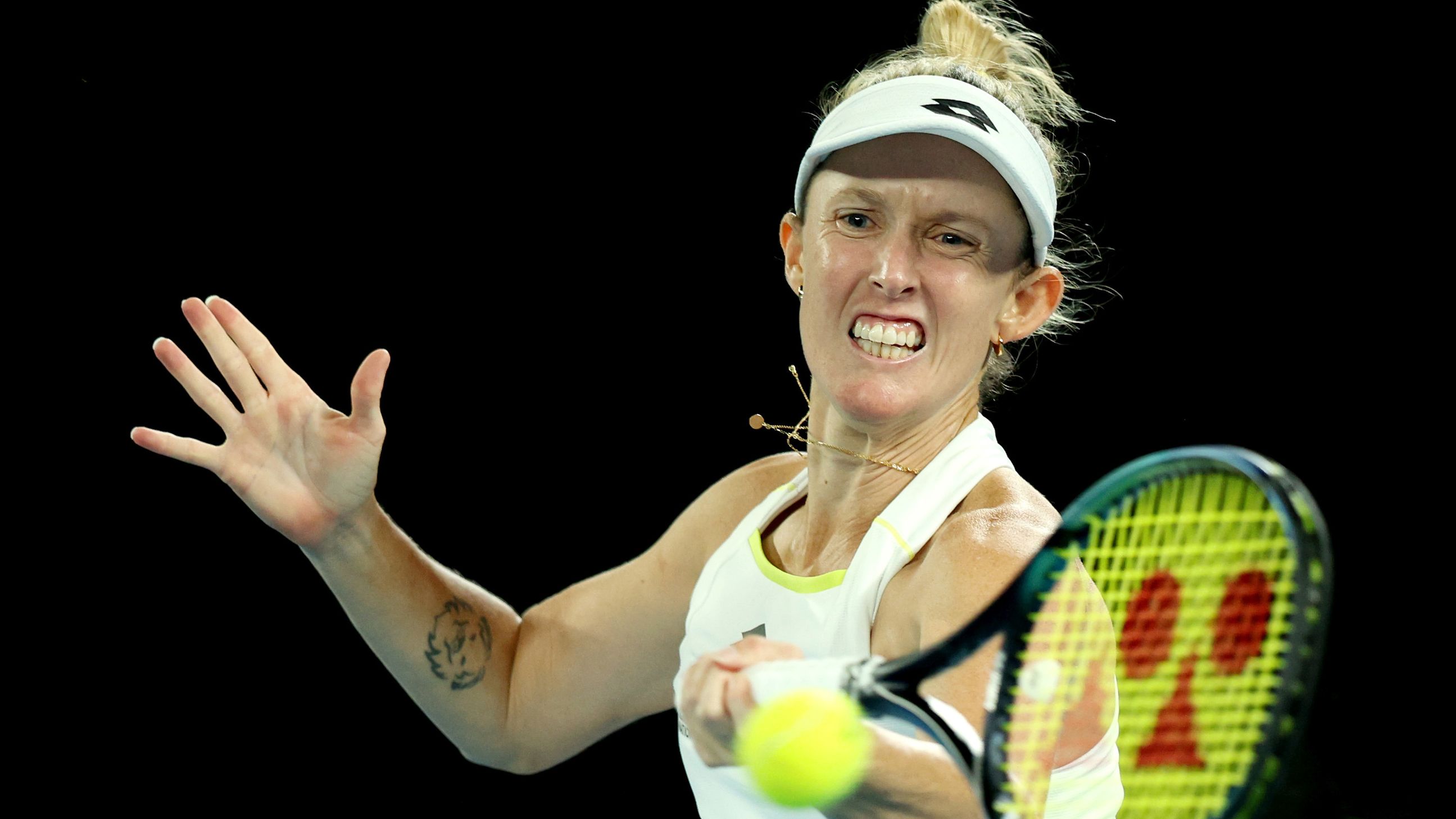 Storm Hunter of Australia plays a forehand in their round three singles match against Barbora Krejcikova of Czech Republic.