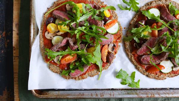 Jacqueline Alwill's cauliflower pizza with sirloin steak and Mediterranean vegetables