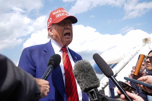 President Donald Trump speaks with reporters upon arriving at Morristown Municipal Airport in Morristown, N.J., Friday, June 20, 2025. (AP Photo/Manuel Balce Ceneta)