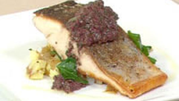 Pan-fried kingfish with crushed potatoes and black olive tapenade