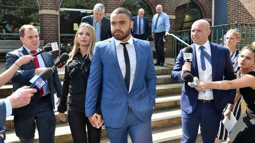 NRL Manly Sea Eagles player Dylan Walker and partner Alexandra Ivkovic leave Manly Local Court in Sydney hand in hand after the NRL star pleaded not guilty to two assault charges.