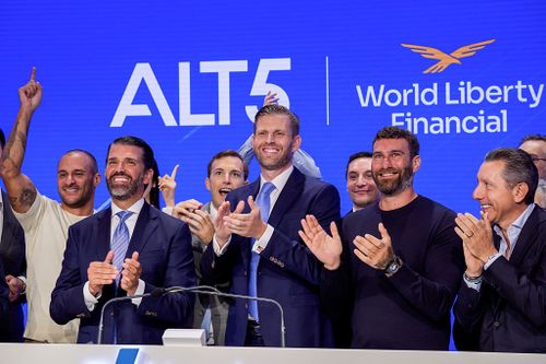 Chase Herro, co-founder of World Liberty Financial, from left, Donald Trump Jr., executive vice president of development and acquisitions for Trump Organization Inc., Zach Witkoff, co-founder and chief executive officer of World Liberty Financial and chairman of ALT5 Sigma Corp., Eric Trump, executive vice president of Trump Organization Inc., Zak Folkman, co-founder of World Liberty Financial, and Scott Alper, president and chief investment officer of The Witkoff Group, ring the opening bell.
