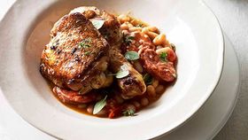 Paprika roast chicken with chorizo and white beans