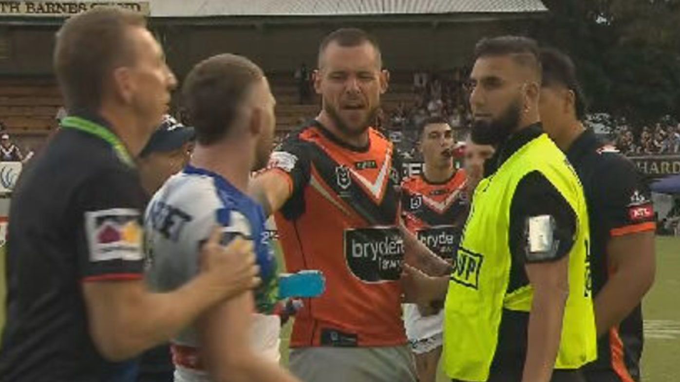 Security intervenes after fiery post-match confrontation between Jackson Hastings, Wests Tigers duo