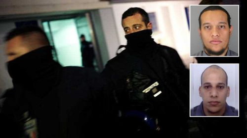 Police officers guard a building in Reims where forensic investigation takes place, and inset, suspects Said Kouachi (top) and Cherif Kouachi (bottom). (AP/AFP)