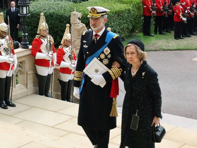 King Felipe VI of Spain and Queen Sofia of Spain arrive at St. George's Chapel, in Windsor, England, Monday Sept. 19, 2022, to attend the committal service for Queen Elizabeth II. 