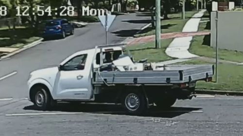 Two thieves have been caught on security camera reversing a use down a Queensland man's driveway, attaching a trailer and driving off (Supplied).