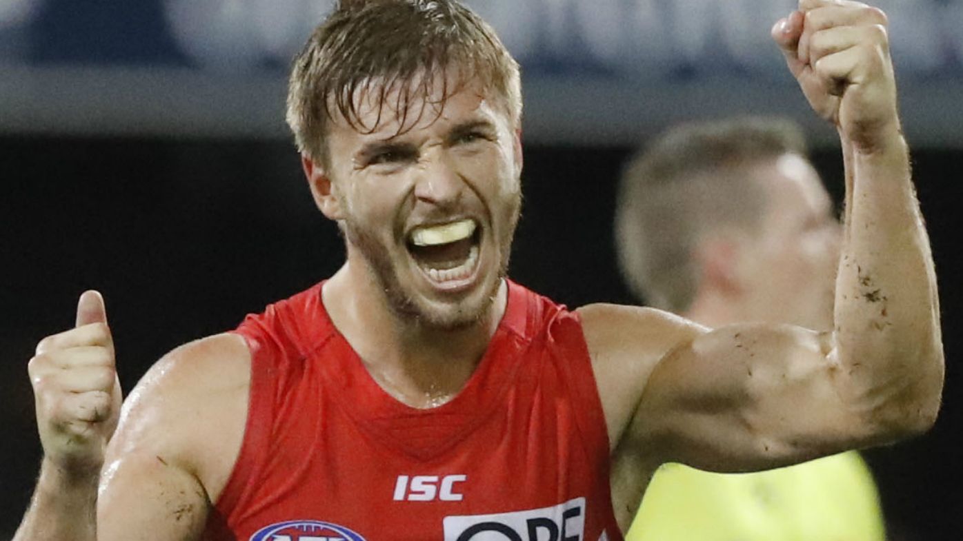 Kieren Jack of the Swans celebrates a goal during the Round 10 AFL match between the Brisbane Lions and the Sydney Swans at the Gabba in Brisbane, Saturday, May 26, 2018. 