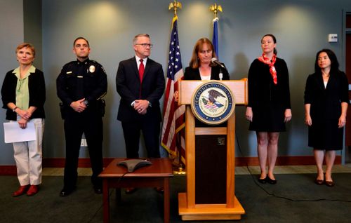 US Attorney Annette Hayes speaks at a news conference on cases filed alleging sexual assault on aircraft, at the US District Court in Seattle.