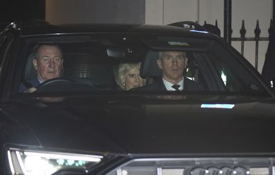 Britain's Queen Camilla departs The London Clinic where King Charles is being treated for an enlarged prostate in central London, Friday, Jan, 26, 2024. (Lucy North/PA via AP)
