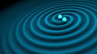 A undated handout graphic shows an artist's impression of gravitational waves generated by binary neutron stars.