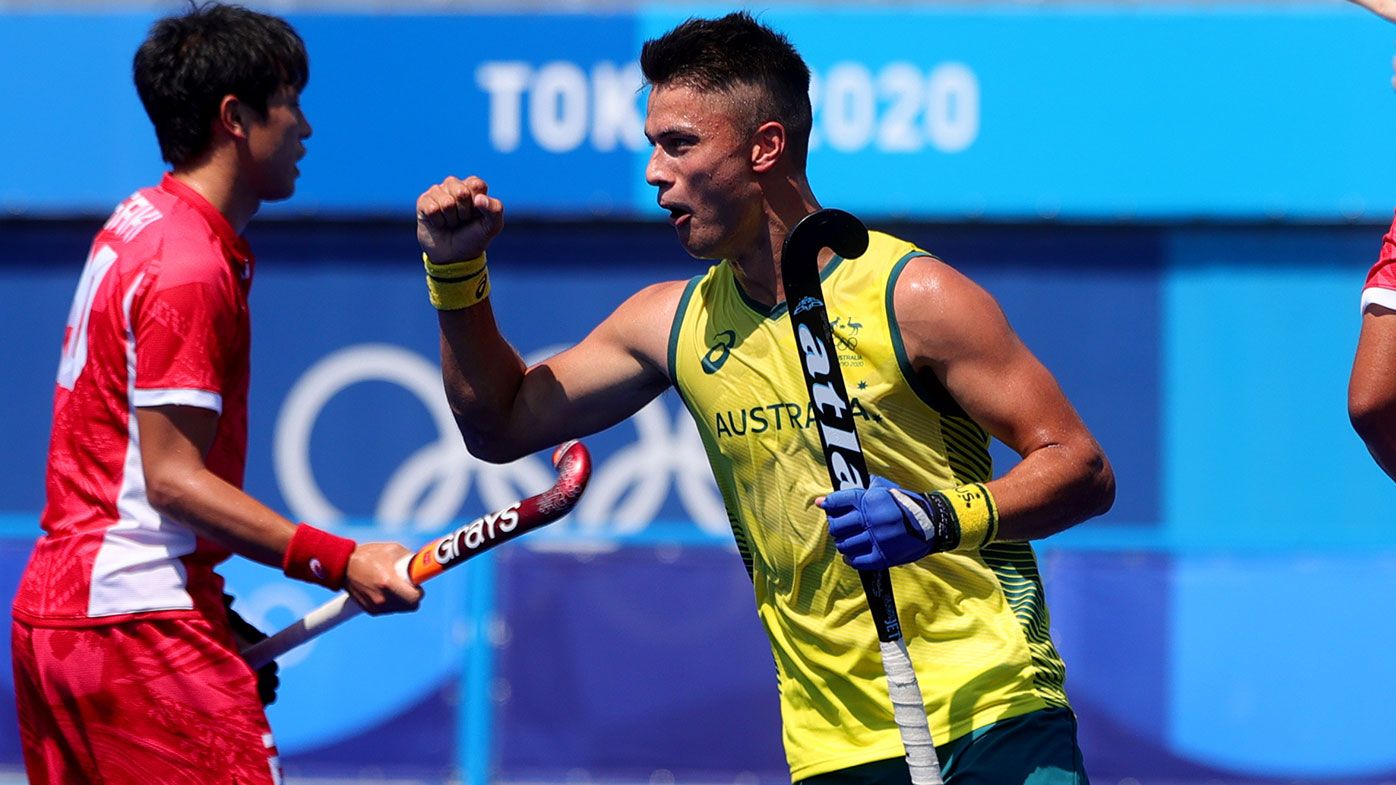 Tim Brand of Team Australia shoots and scores first goal of the tournament and celebrates during the Men&#x27;s Hockey Pool A match between Japan and Australia on Day 1 of the Tokyo 2020 Olympic Games at Oi Hockey Stadium on July 24, 2021 in Tokyo, Japan. (Photo by Pete Dovgan/Speed Media/Icon Sportswire via Getty Images)