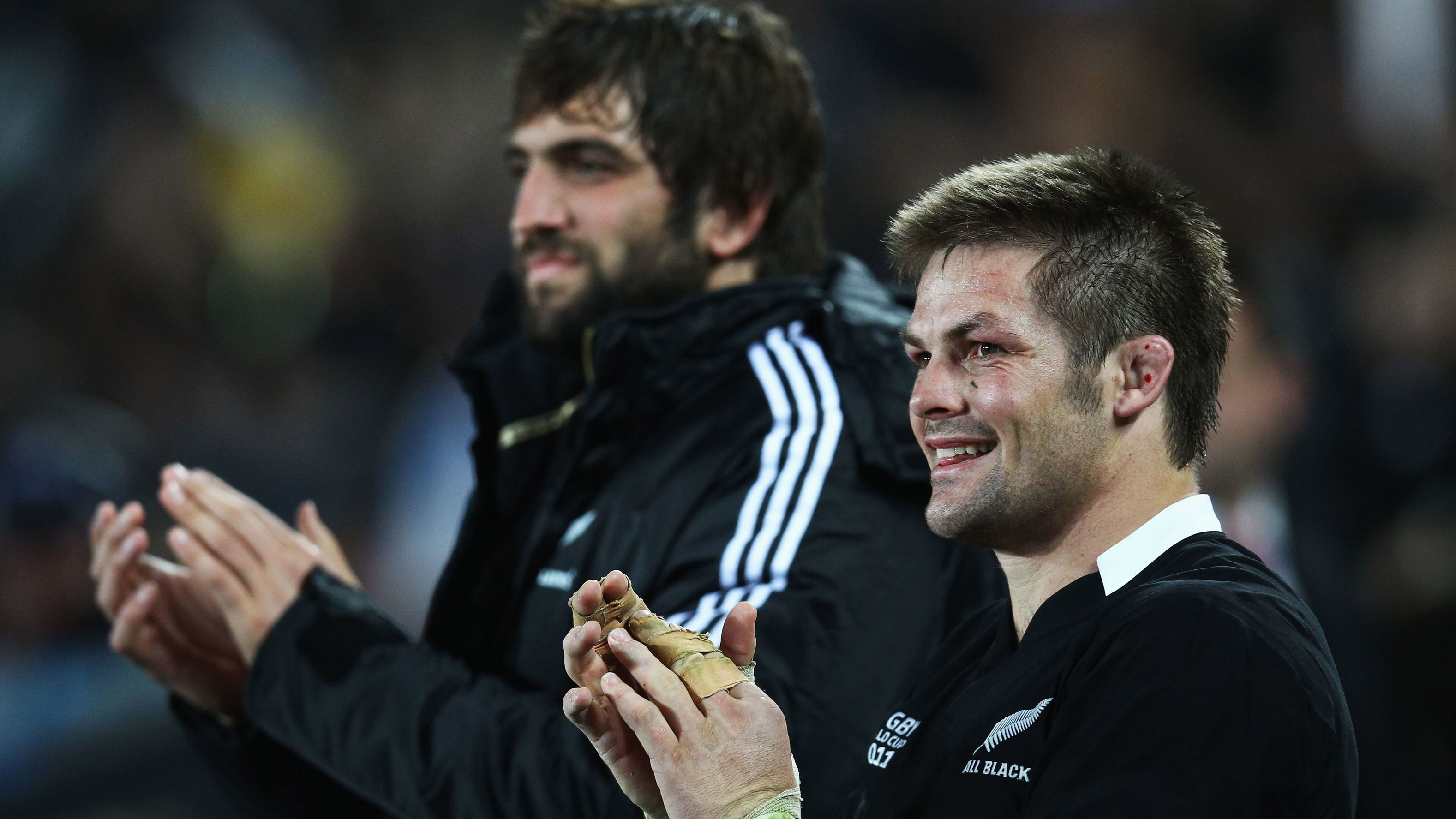 Richie McCaw and Sam Whitelock at the 2011 Rugby World Cup.