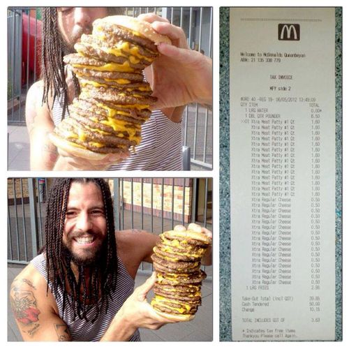 Hektik Hektor holds up a $40 Four Pounder - 16 McDonald's quarter pounders put together. (Facebook)