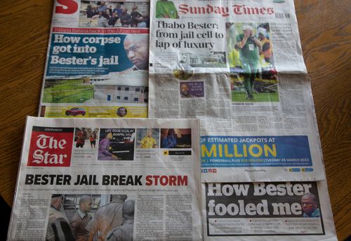 A collage of newspapers report on the story of South African police launching a manhunt for convicted rapist and murderer Thabo Bester, who escaped from a privately-run maximum security prison.
