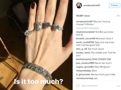 <p>Anna Kendrick arrived at the ceremony wearing simple yet impressive stones. Beforehand she took to Instagram to reveal she was struggling to pick a favourite.</p>
<p>Image: <em>Instagram</em>/@annakendrick47</p>
