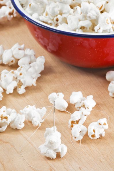 Stringing popcorn to use as a Christmas celebration.