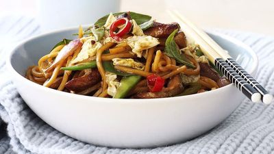 Recipe: <a href="http://kitchen.nine.com.au/2016/05/18/01/28/pork-noodle-and-thai-basil-stirfry" target="_top">Pork, noodle and Thai basil stir-fry</a>