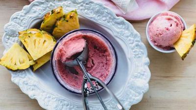 Recipe: <a href="http://kitchen.nine.com.au/2017/08/09/15/27/dairy-free-pineapple-and-strawberry-ice-cream" target="_top">Dairy-free pineapple and strawberry ice cream</a>