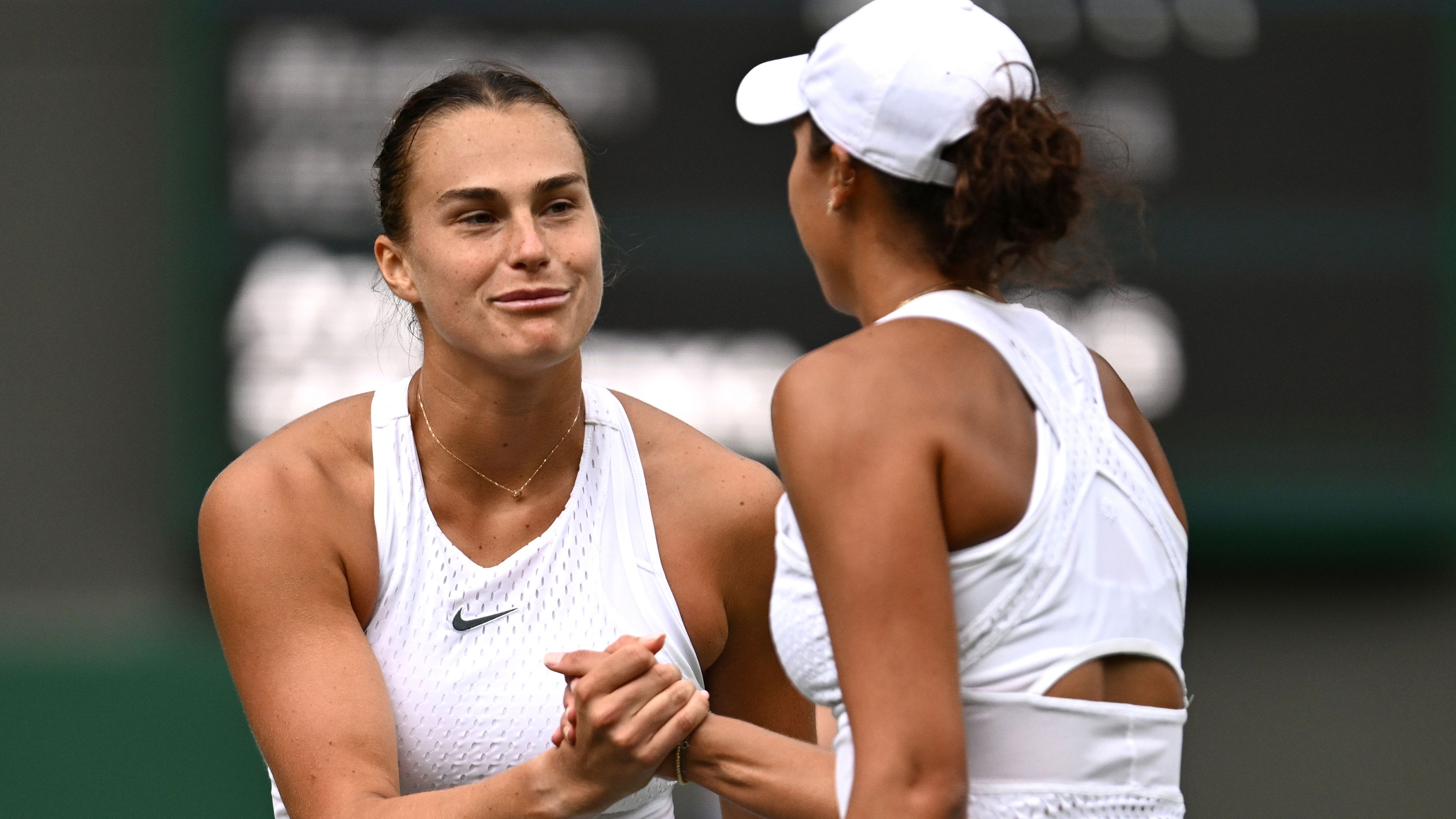 Aryna Sabalenka shakes hands with Madison Keys of United States following  the Women&#x27;s Singles Quarter Final match during day ten of The Championships Wimbledon 2023 at All England Lawn Tennis and Croquet Club on July 12, 2023 in London, England. (Photo by Mike Hewitt/Getty Images)