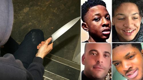 Four of the recent fatal stabbing victims, clockwise from top, left: Malcolm Mide-Madariola, 17;  Jay Hughes, 15; Ayodeji Habeeb Azeez, 22; Rocky Djelal, 38.