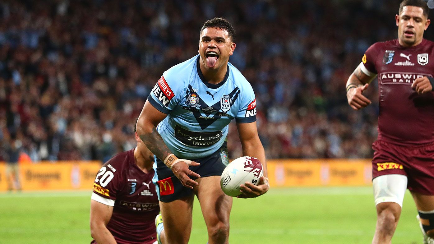 Latrell Mitchell of the Blues celebrates after scoring a try during game two of the 2021 State of Origin series between the Queensland Maroons and the New South Wales Blues at Suncorp Stadium on June 27, 2021 in Brisbane, Australia