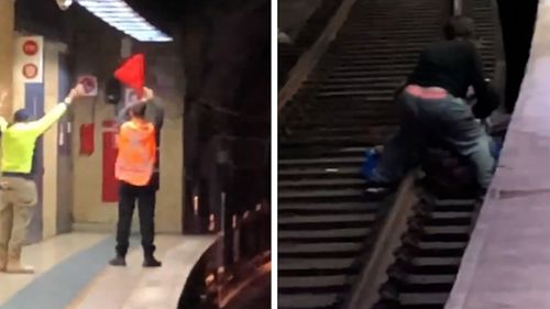 Sydney train nearly crashes into commuter who has called onto tracks.