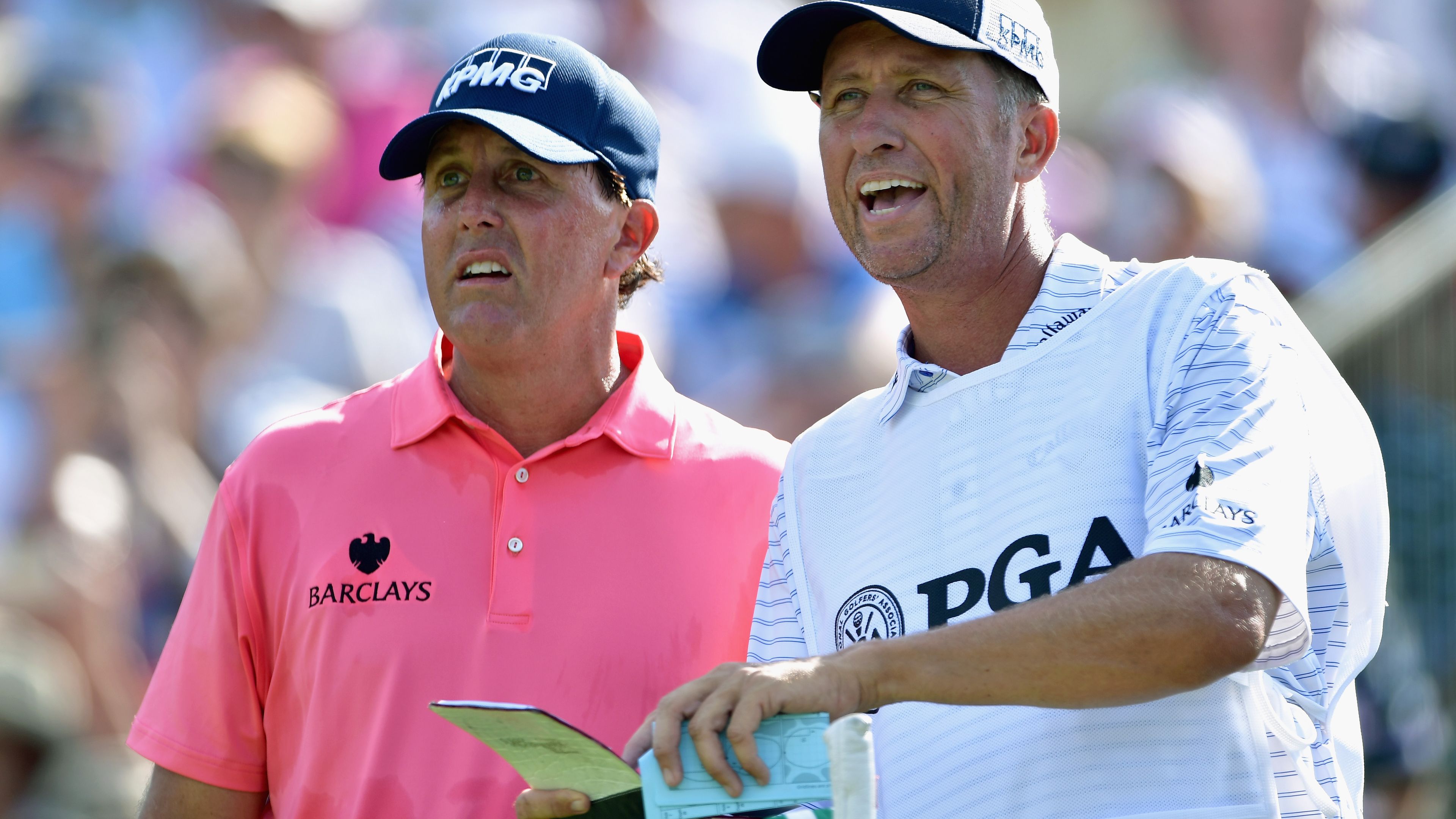 Phil Mickelson and caddie Jim Mackay during the first round of the 2016 PGA Championship at Baltusrol Golf Club.