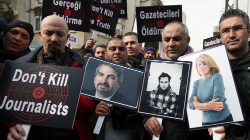 Marie Colvin's death sparked global outrage including this protest in Ankara, Turkey in 2012. (AP).